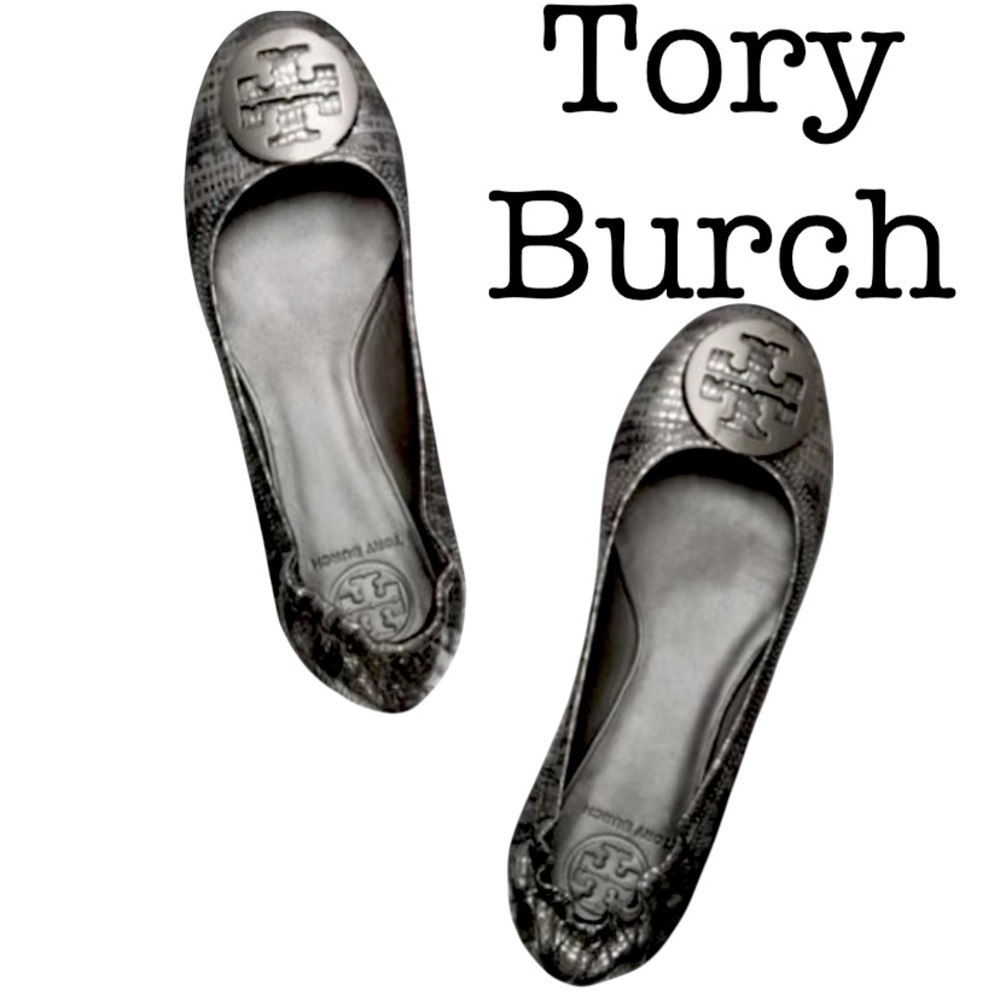 Tory Burch Reva Gray Lizard Print Leather Ballet Flats Size 7 1/2